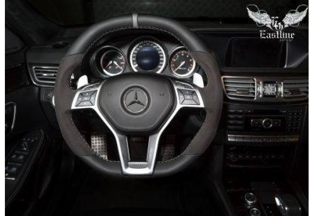 Mercedes-Benz E63 AMG S-Modell комбинированная перетяжка руля в кожу и алькантару, аквапринт салонного пластика и изготовление бокса в багажник
