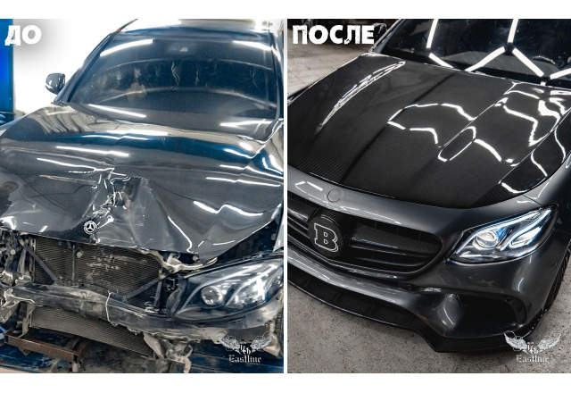 Mercedes-Benz E-class - восстановление автомобиля после ДТП. Ремонт и покраска кузова, детали из карбона, перетяжка торпедо и дверей в кожу.