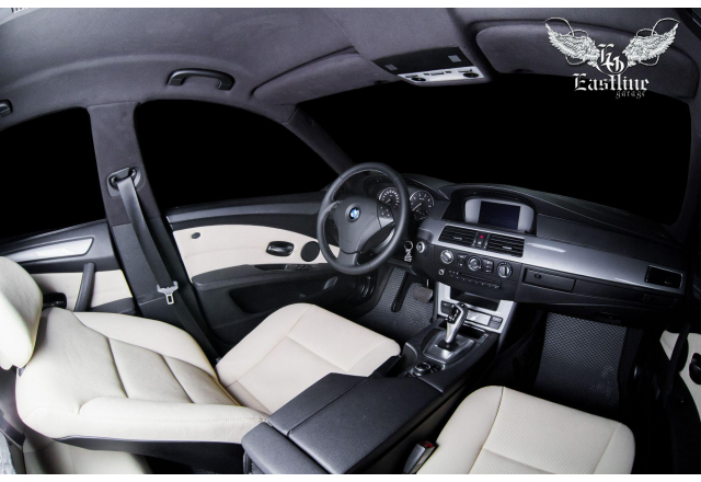 BMW 5 E60 – комплексная доработка салона. Перетяжка потолка, перетяжка сидений и дверей в фактурную кожу, новый руль с М-строчкой