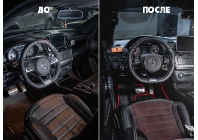 Mercedes-Benz GLE 63AMG - перетяжка салона в алькантару с красной подложкой, новый руль, потолок из алькантары и новая аудиосистема. 