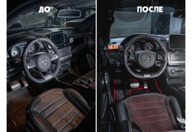 Mercedes-Benz GLE 63AMG - перетяжка салона в алькантару с красной подложкой, новый руль, потолок из алькантары и новая аудиосистема. 